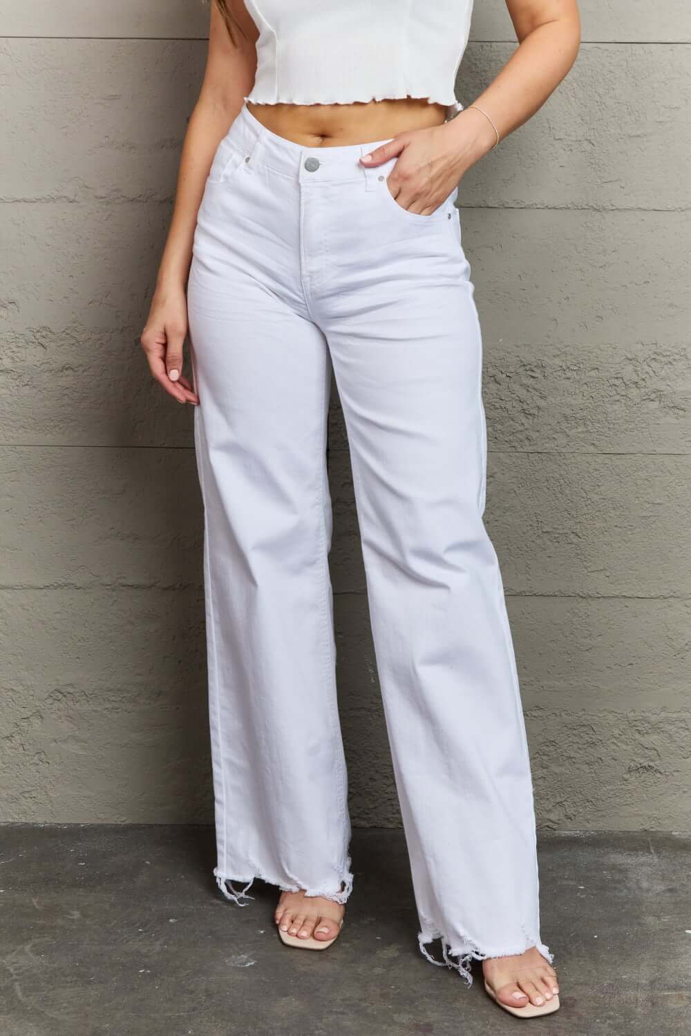 Raelene High Waist Wide Leg Jeans in White by Risen Jeans - Flattering high-rise waistline and retro-chic wide leg design.