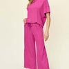 Texture Round Neck Short Sleeve T-Shirt and Wide Leg Pants | Full Size - Hot Pink