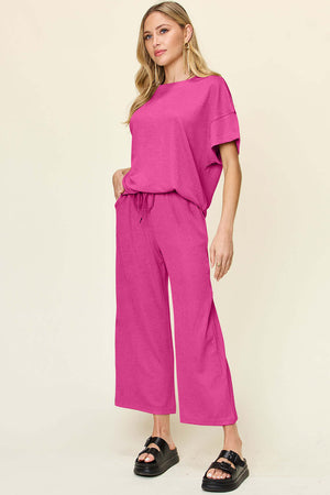 DOUBLE TAKE Full Size Texture Round Neck Short Sleeve T-Shirt and Wide Leg Pants at Bella Road