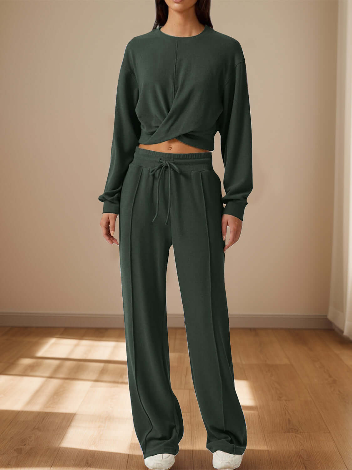 Bella Road Crisscross Round Neck Top and Drawstring Pants Set in green, perfect for casual outings and comfy style, made of 100% polyester