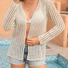 Openwork Open Front Long Sleeve Cover Up - Beige