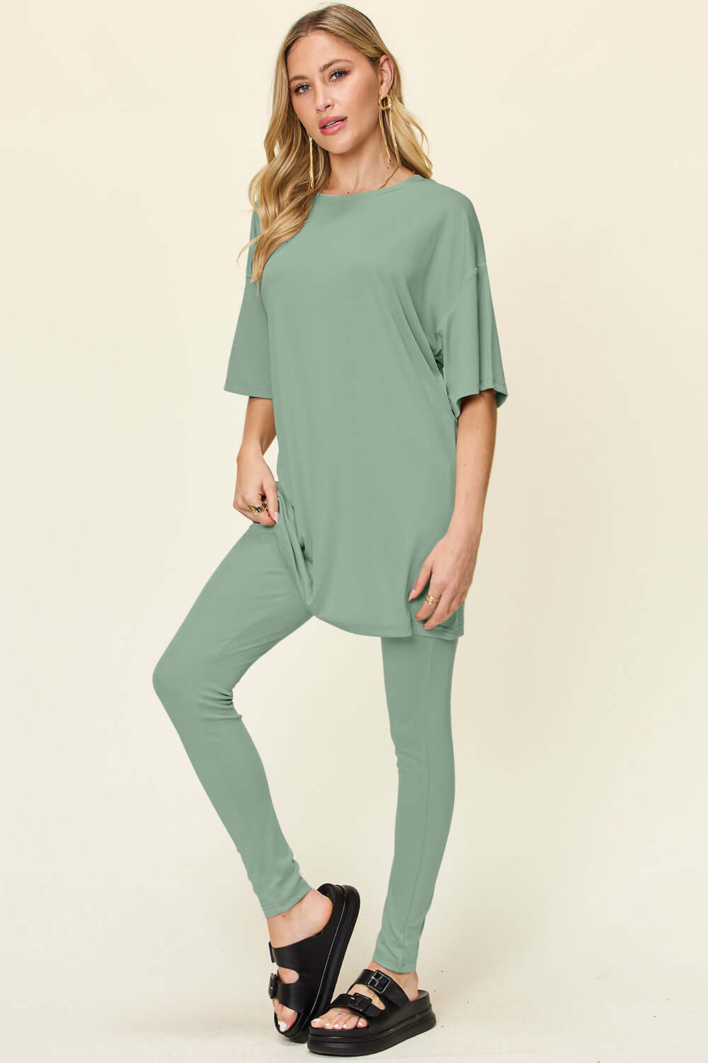 DOUBLE TAKE Full Size Round Neck Dropped Shoulder T-Shirt and Leggings Set at Bella Road