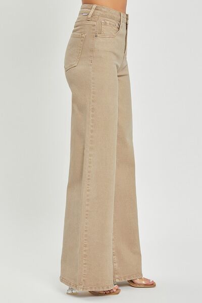 Full size tummy control high rise wide leg jeans in a stylish light beige color, perfect for a trendy look.