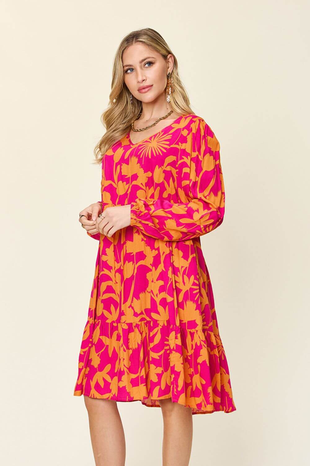 DOUBLE TAKE Full Size Printed Ruffle Hem Long Sleeve Dress at Bella Road