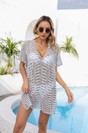 BELLA ROAD Openwork V-Neck Short Sleeve Cover Up at Bella Road