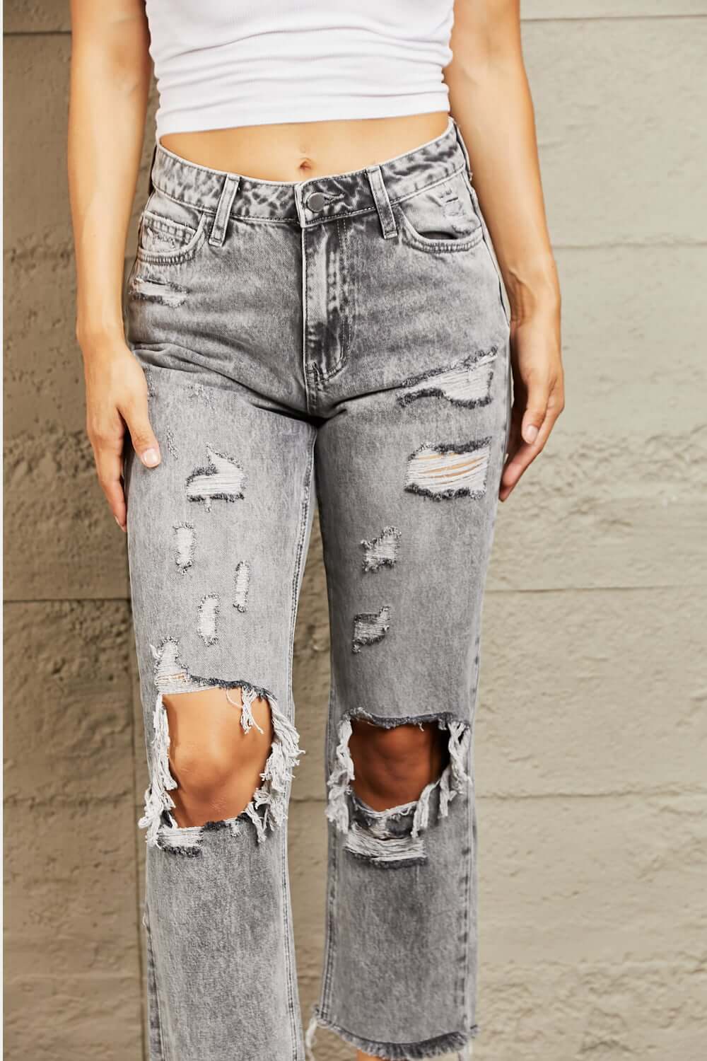 BAYEAS Acid Wash Distressed Straight Jeans at Bella Road