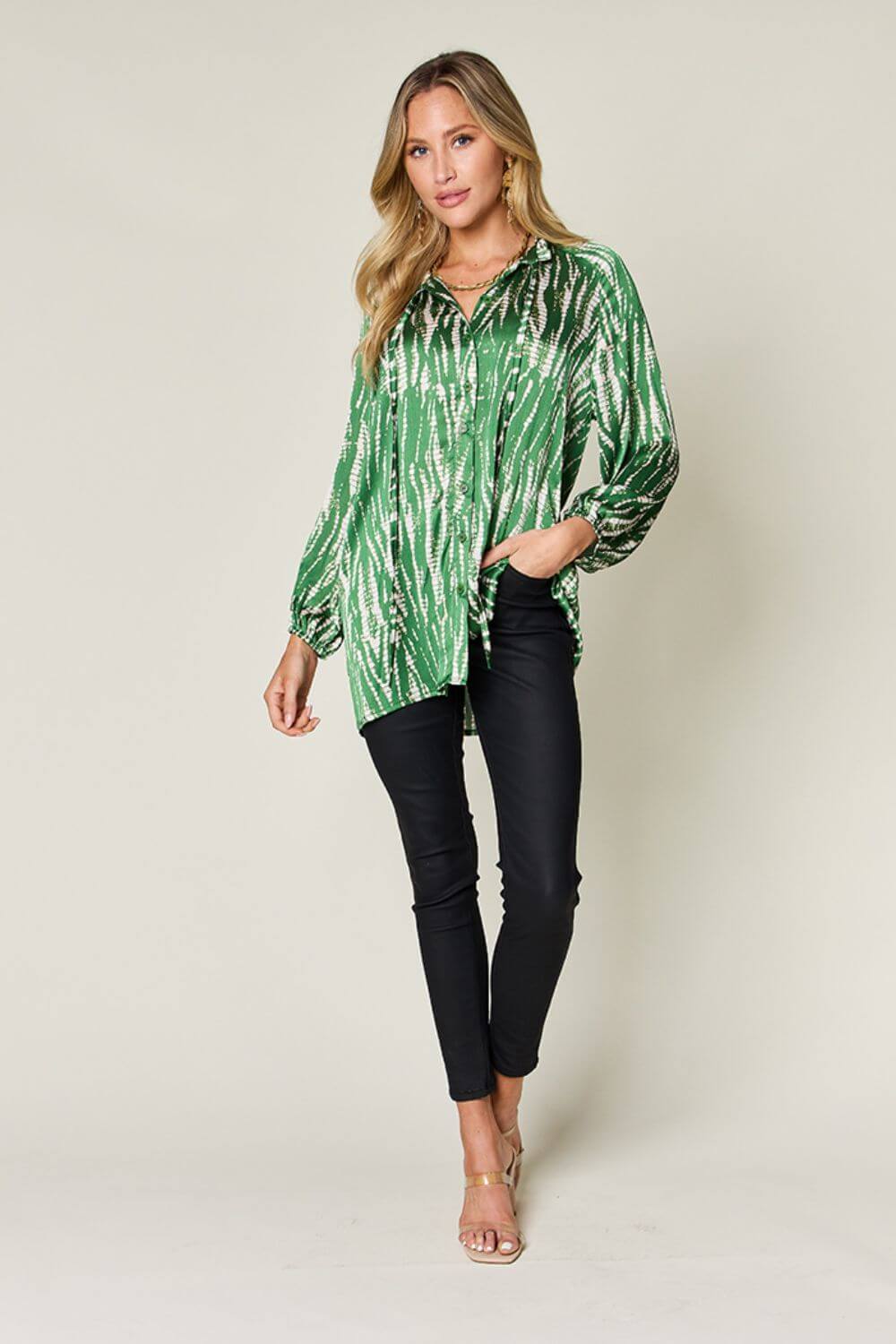 DOUBLE TAKE Full Size Printed Button Up Long Sleeve Shirt at Bella Road