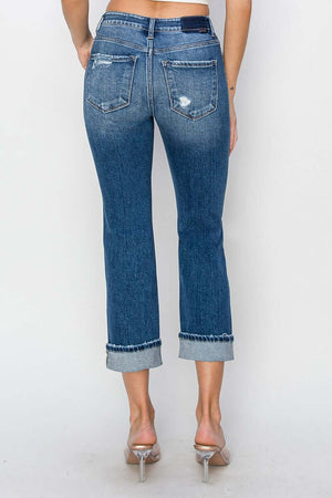 Risen full size cuffed ankle distressed straight jeans, back view showcasing trendy style and rugged charm.