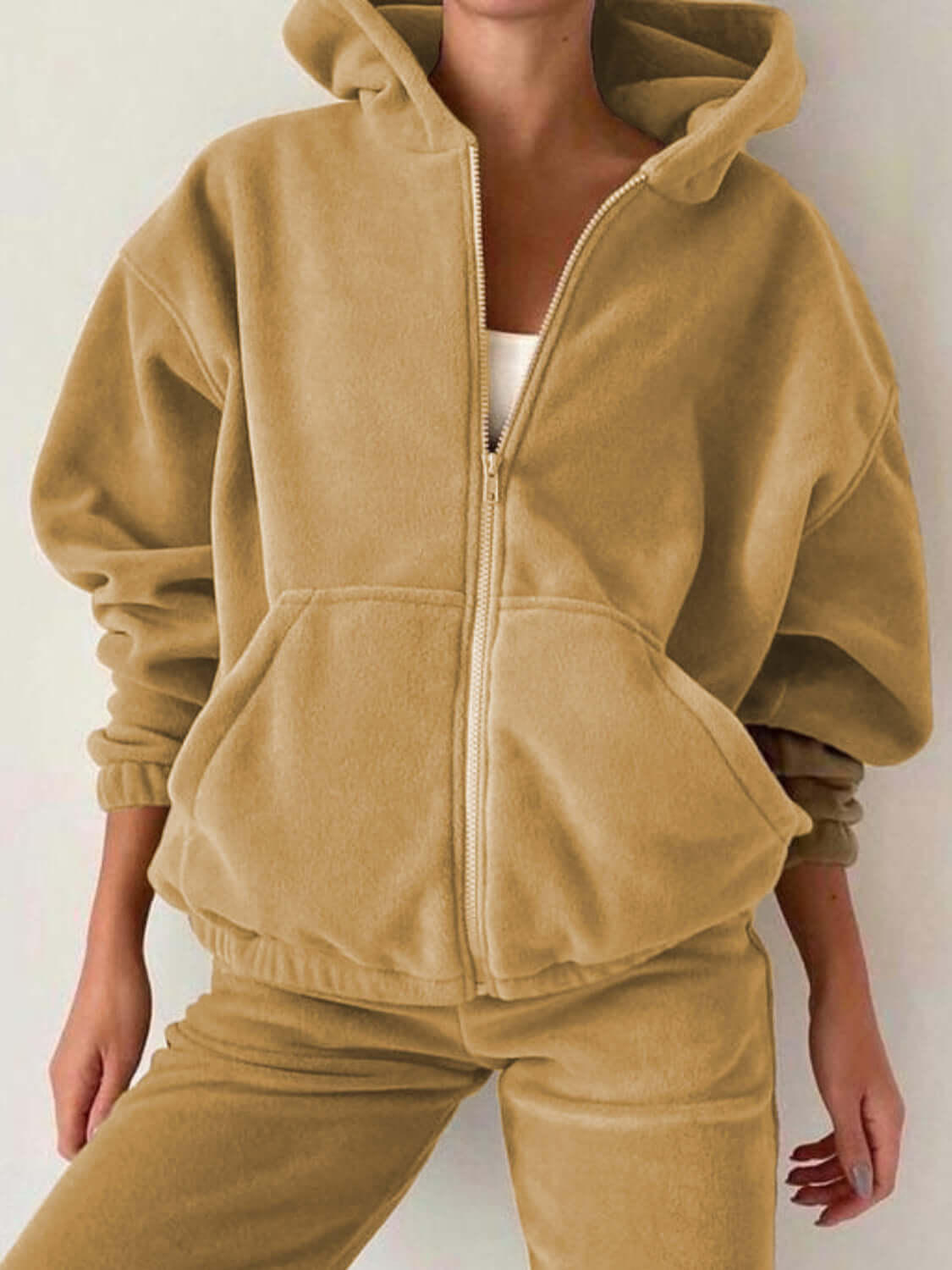 Cozy Bella Road zip-up long sleeve hoodie and joggers set in bold fall color, perfect for lounging or errands.