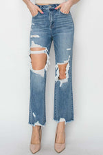 High Rise Distressed Crop Straight Jeans by Risen Jeans with edgy ripped details, perfect for a trendy and modern look.