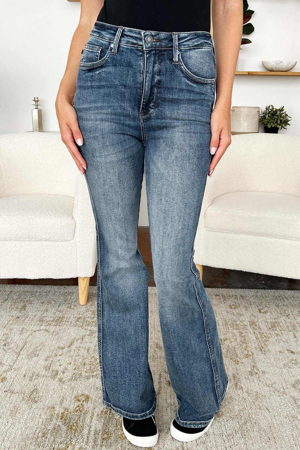 High Waist Tummy Control Flare Jeans by Judy Blue, stylish denim with retro flare leg, perfect for a sleek and elongating silhouette