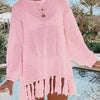 Double Take Openwork Tassel Hem Long Sleeve Knit Cover Up - Blush Pink