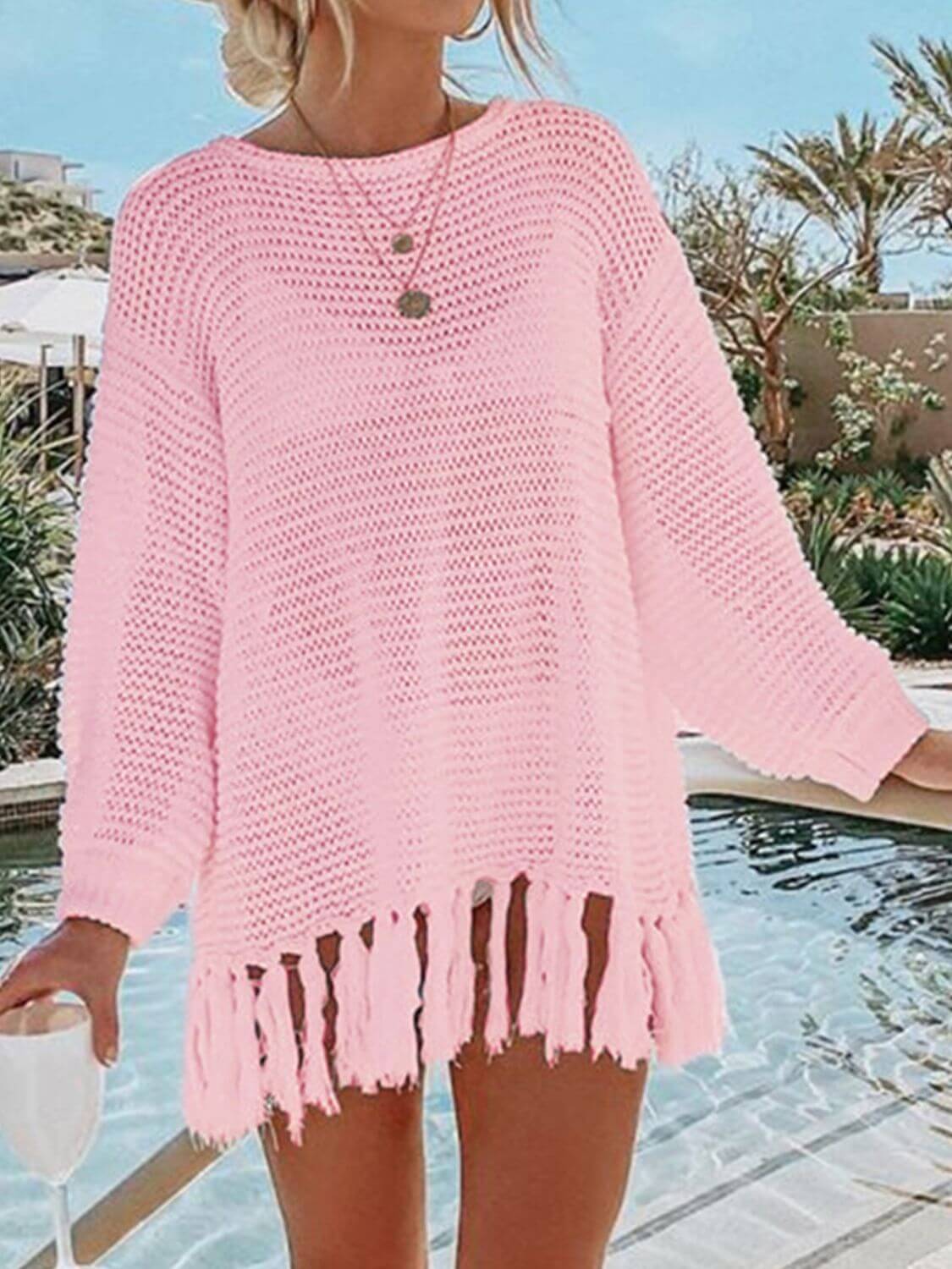 DOUBLE TAKE Openwork Tassel Hem Long Sleeve Knit Cover Up at Bella Road