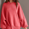 Double Take Side Slit Round Neck Long Sleeve Sweater - Strawberry