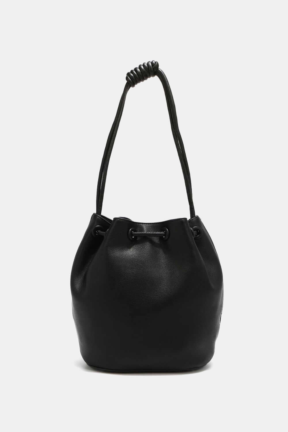 Nicole Lee USA Amy Studded Bucket Bag in black vegan leather with drawstring closure and stud detailing.