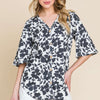 Floral Decorative Button V-Neck Top - Black