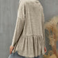 Woman wearing FAM-FAM Ruffled Button Up Long Sleeve Cardigan in khaki, showcasing stylish back ruffles paired with jeans.