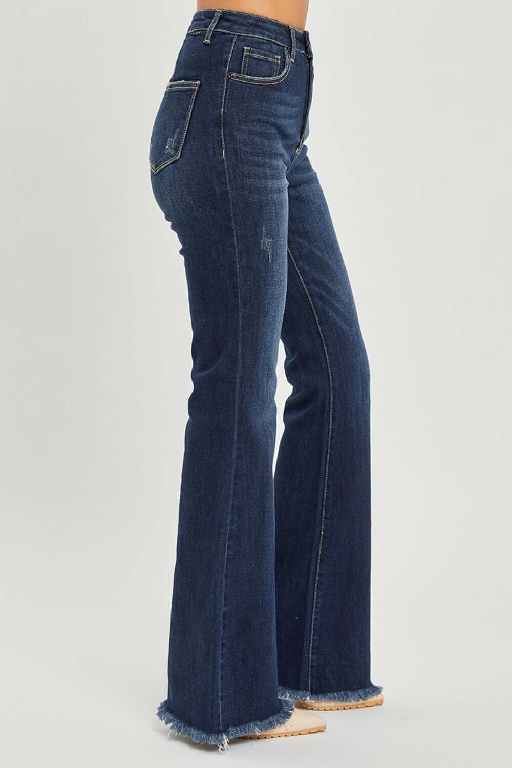 High Waist Raw Hem Flare Jeans by Risen Jeans - retro-inspired denim with a high-rise waist, flare legs, and raw hem detailing for a trendy look.