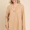 Lapel Collar Ruched Long Sleeve Blouse | Full Size - ICED