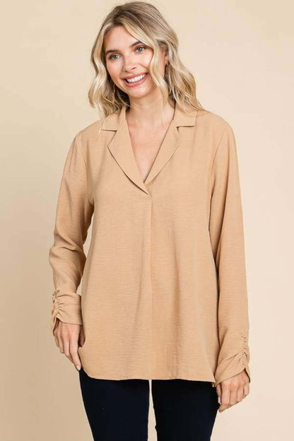 CULTURE CODE Full Size Lapel Collar Ruched Long Sleeve Blouse at Bella Road