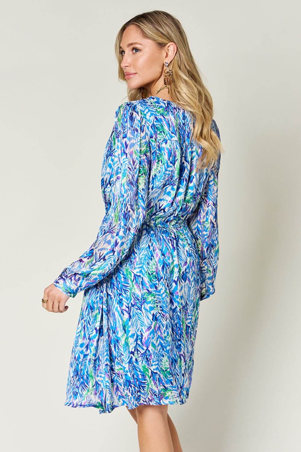 DOUBLE TAKE Full Size Printed Drawstring Waist Long Sleeve Dress at Bella Road