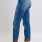 Judy Blue plaid print cuff straight leg jeans with pockets, styled with white sneakers, showcasing a trendy look.