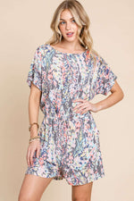 BOMBOM Printed Short Sleeve Drawstring Romper at Bella Road