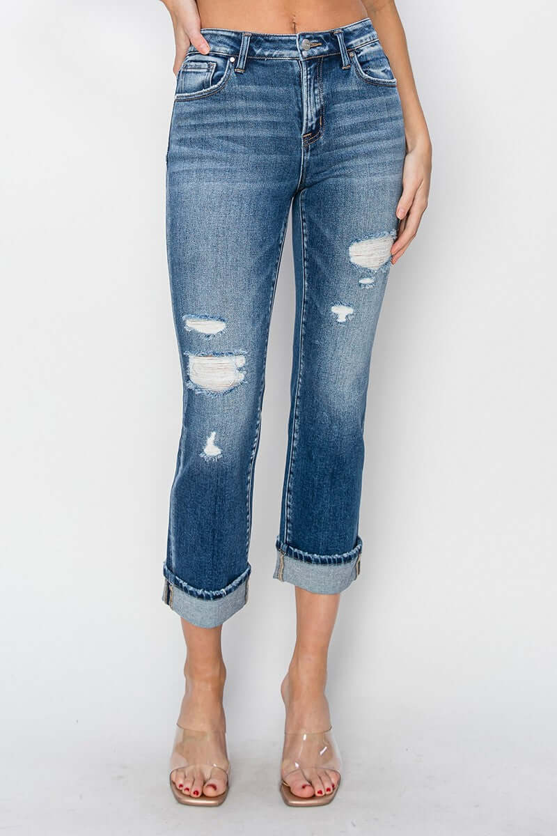 Trendy RISEN distressed straight jeans with cuffed ankles and a relaxed fit, perfect for casual style and everyday wear.