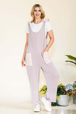 CELESTE Full Size Stripe Contrast Pocket Rib Jumpsuit at Bella Road