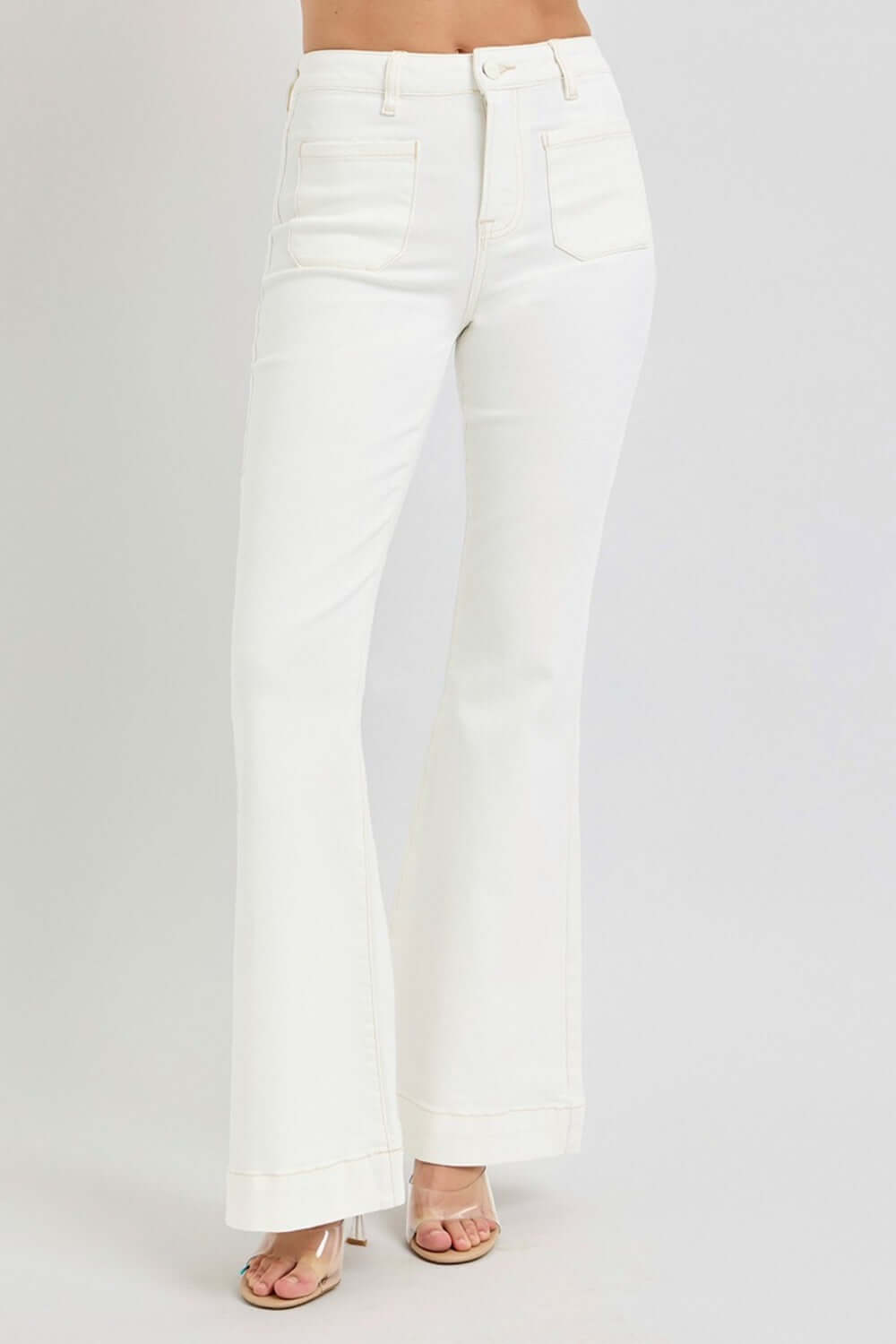 High Rise White Flare Jeans with Front Patch Pockets – Trendy and Stylish Design for a Casual, Fashionable Look