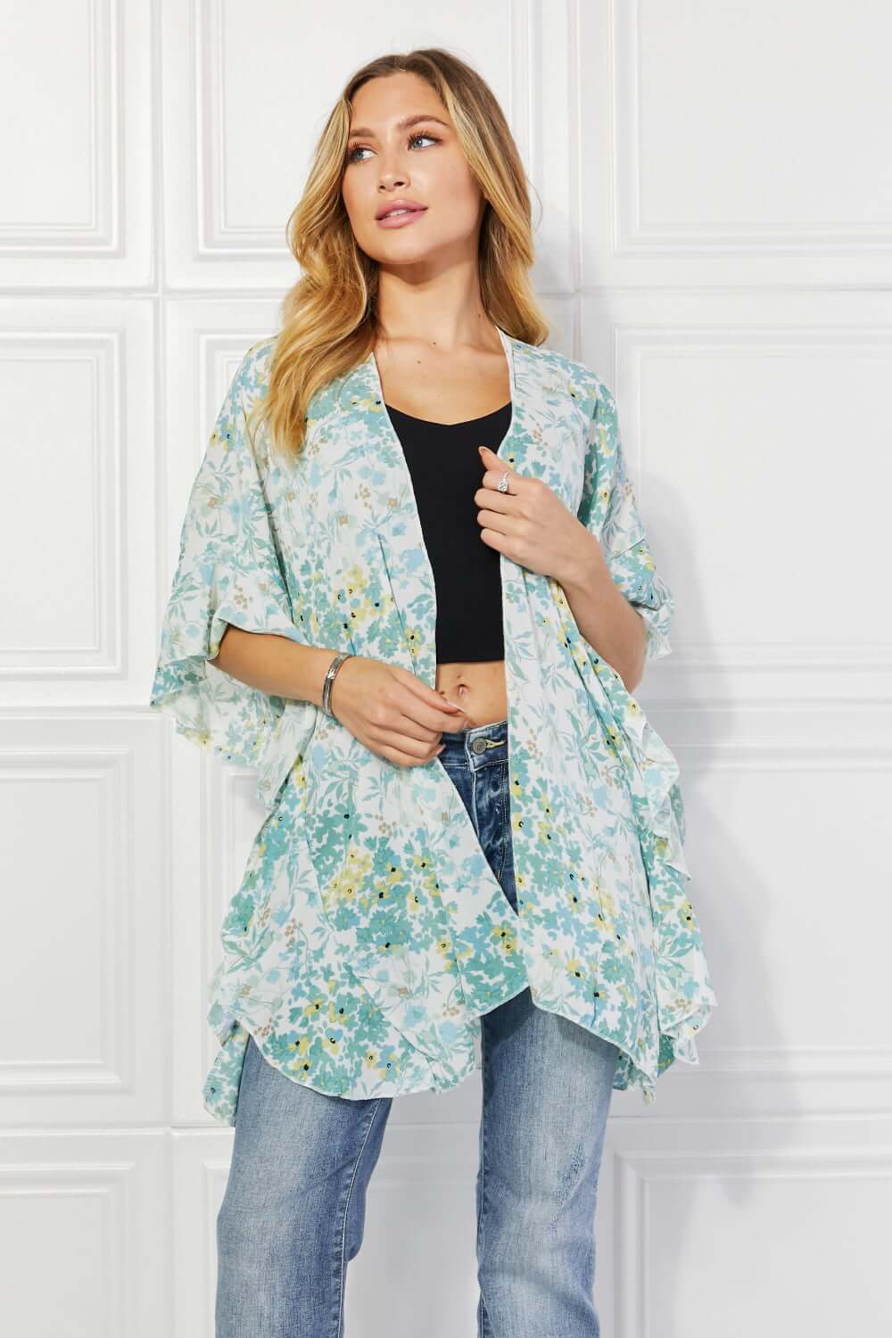 JUSTIN TAYLOR Fields of Poppy Floral Kimono in Green at Bella Road