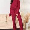 Ribbed Drawstring Hooded Top and Straight Pants Set - Deep Red