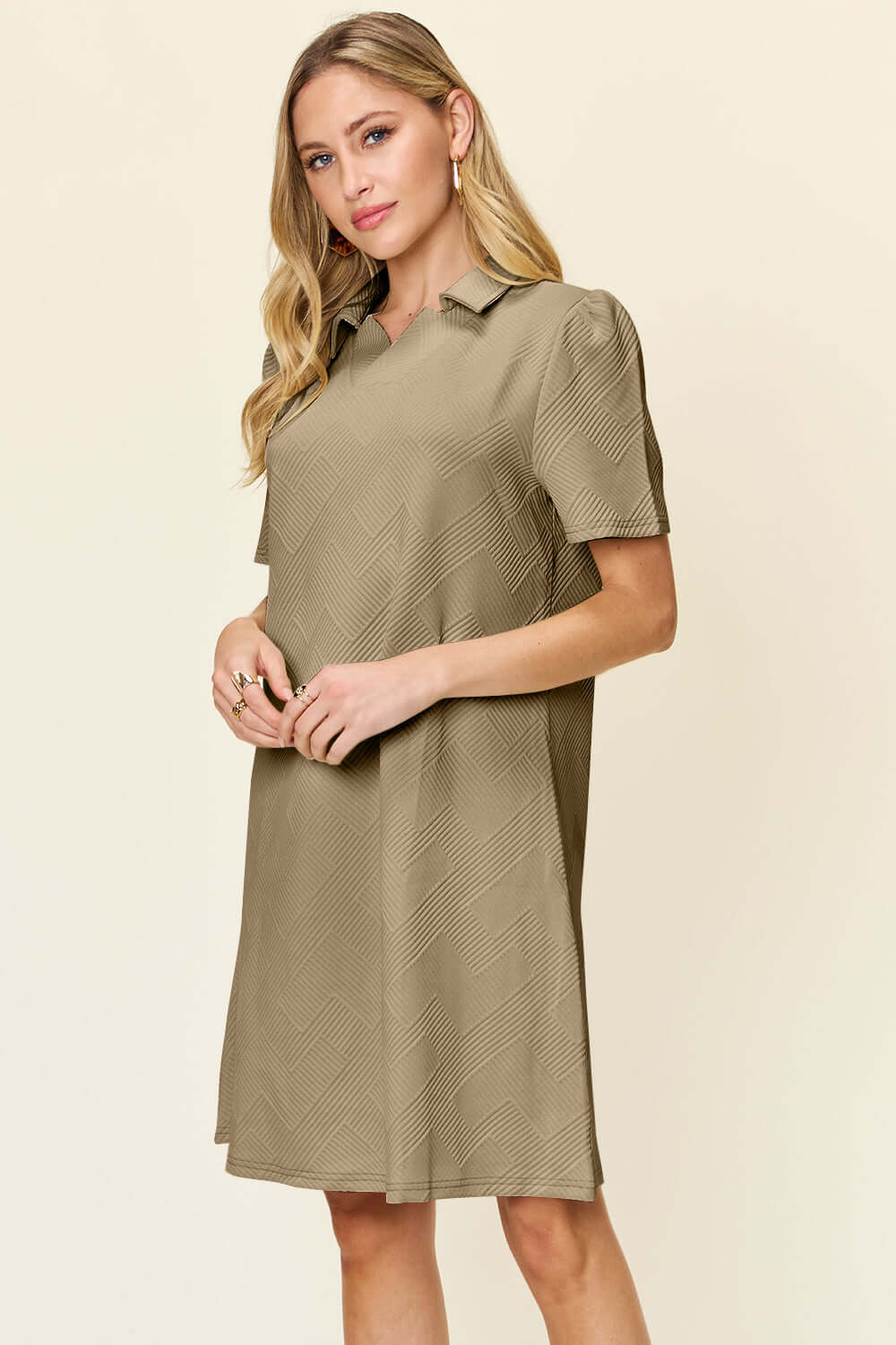 DOUBLE TAKE Full Size Texture Collared Neck Short Sleeve Dress at Bella Road