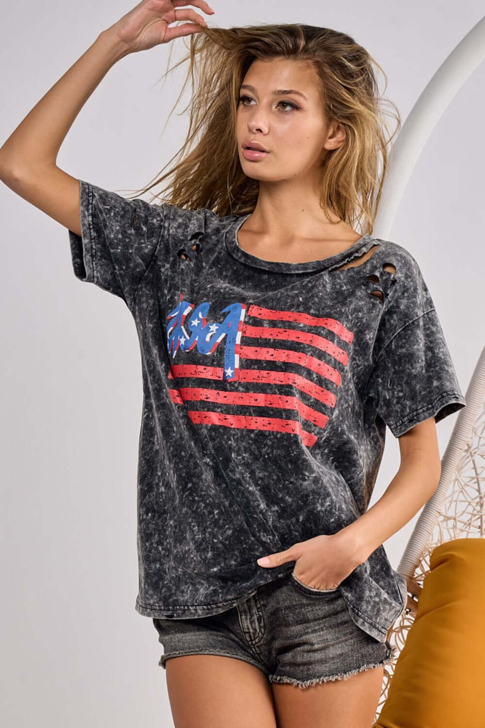 BIBI US Flag Washed Laser Cut T-Shirt at Bella Road