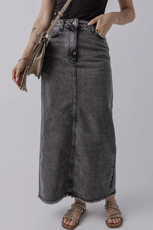 "Bella Road Raw Hem Midi Denim Skirt with Pockets in black, showcasing edgy style and comfort for any adventure."