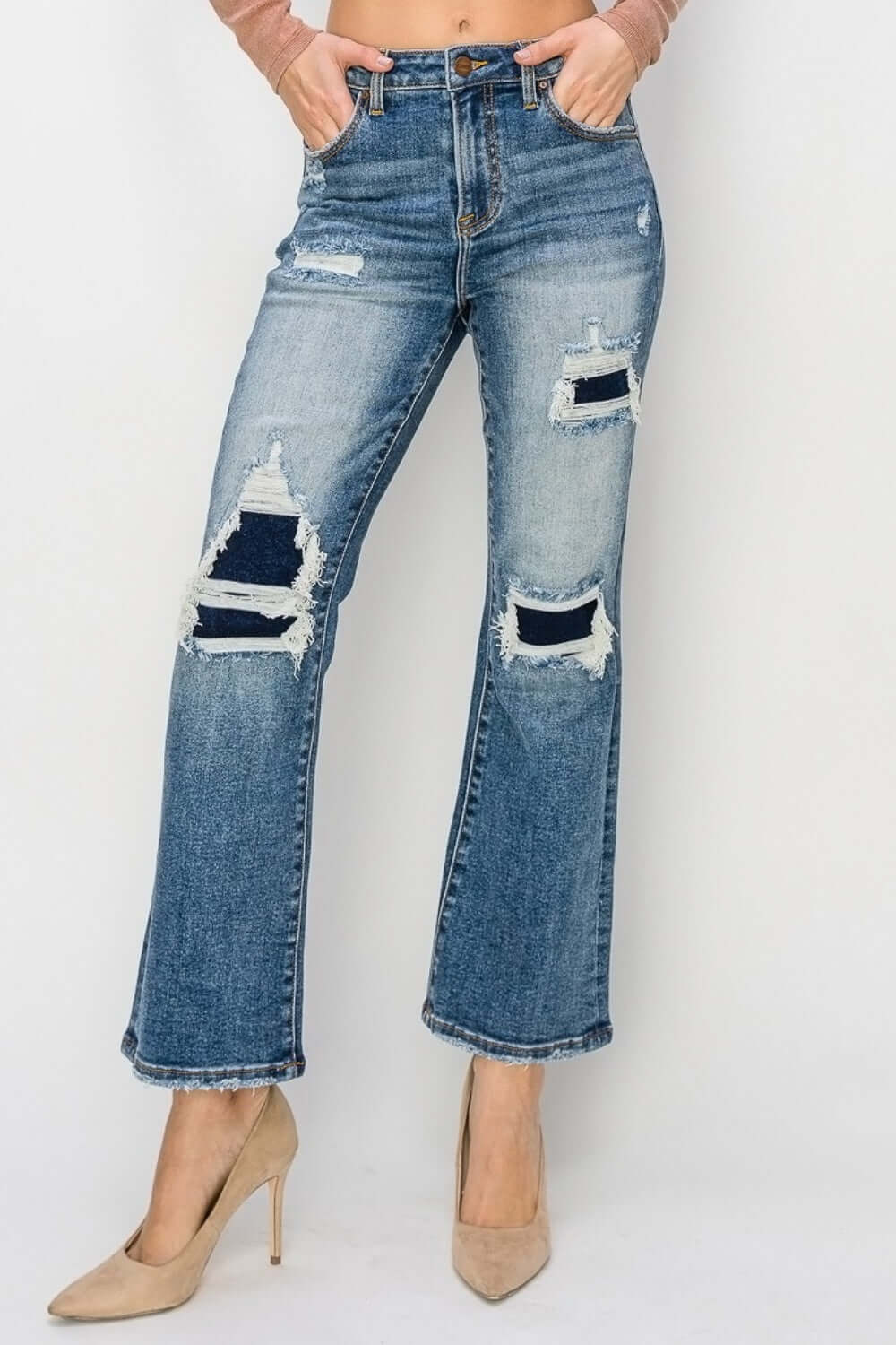 High Rise Distressed Ankle Flare Jeans in Petite featuring edgy distressed details by Risen Jeans, perfect for stylish and modern looks.