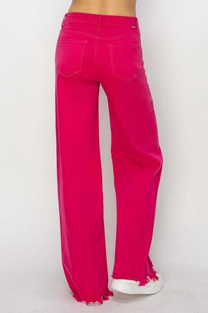 High Rise Wide Leg Jeans in vibrant pink, featuring a flattering fit and retro style. Perfect addition to your Risen Jeans collection.