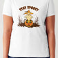 Woman wearing Simply Love Full Size STAY SPOOKY Graphic Round Neck Short Sleeve Tubular T-Shirt for Halloween.