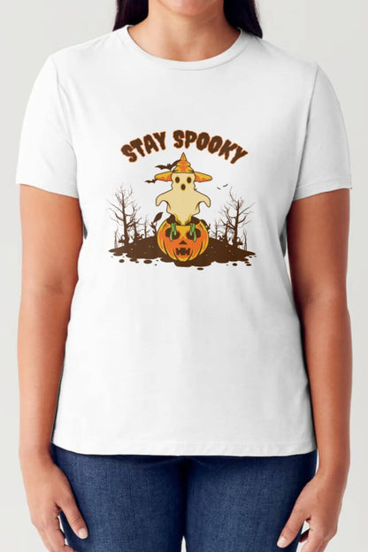 Woman wearing Simply Love Full Size STAY SPOOKY Graphic Round Neck Short Sleeve Tubular T-Shirt for Halloween.