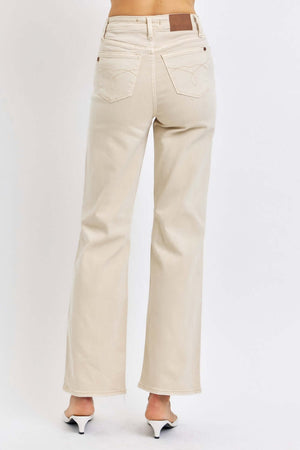 High Waist Distressed Wide Leg Judy Blue Jeans in light beige, showcasing back view and pocket stitching details.