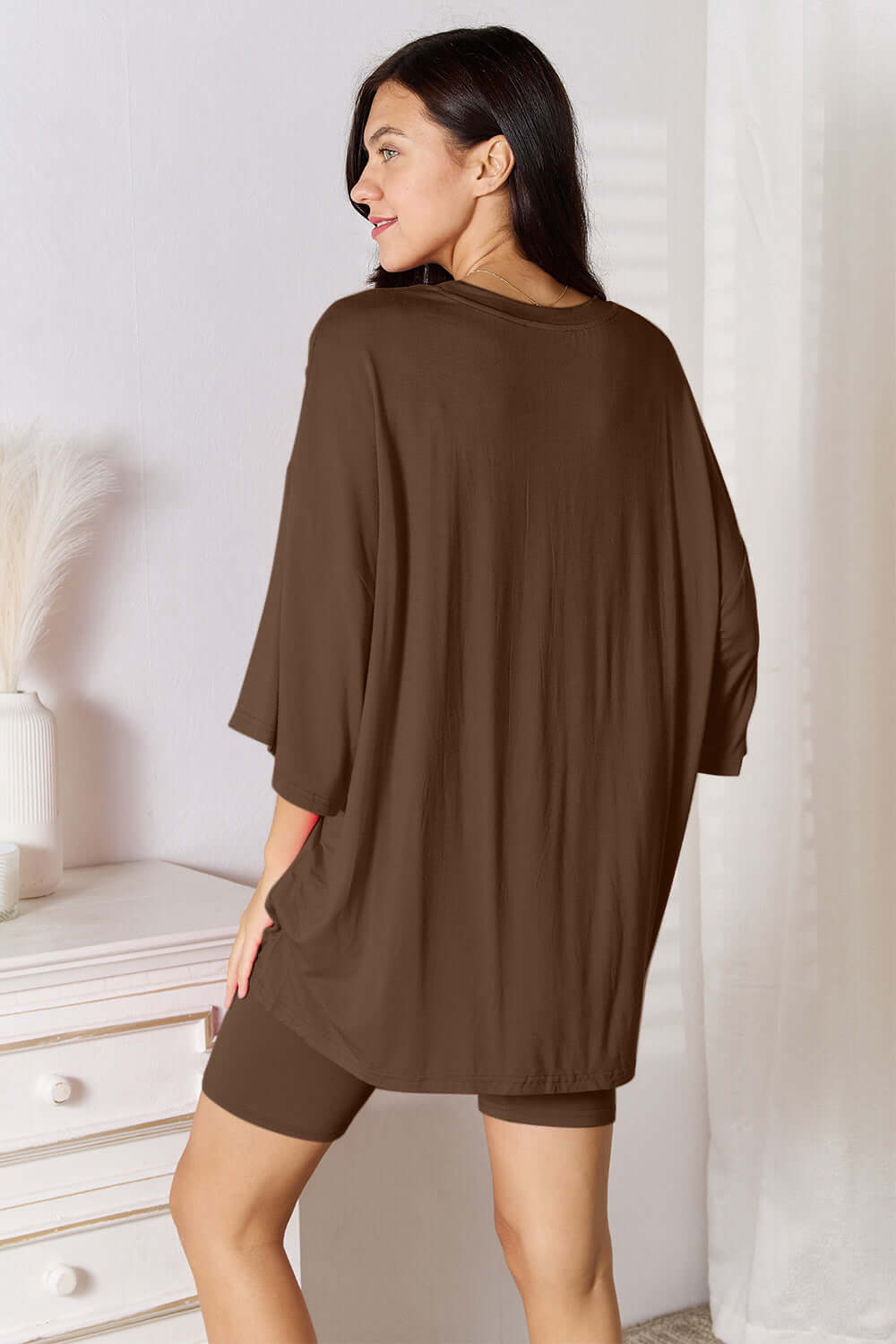 BASIC BAE Full Size Soft Rayon Three-Quarter Sleeve Top and Shorts Set at Bella Road