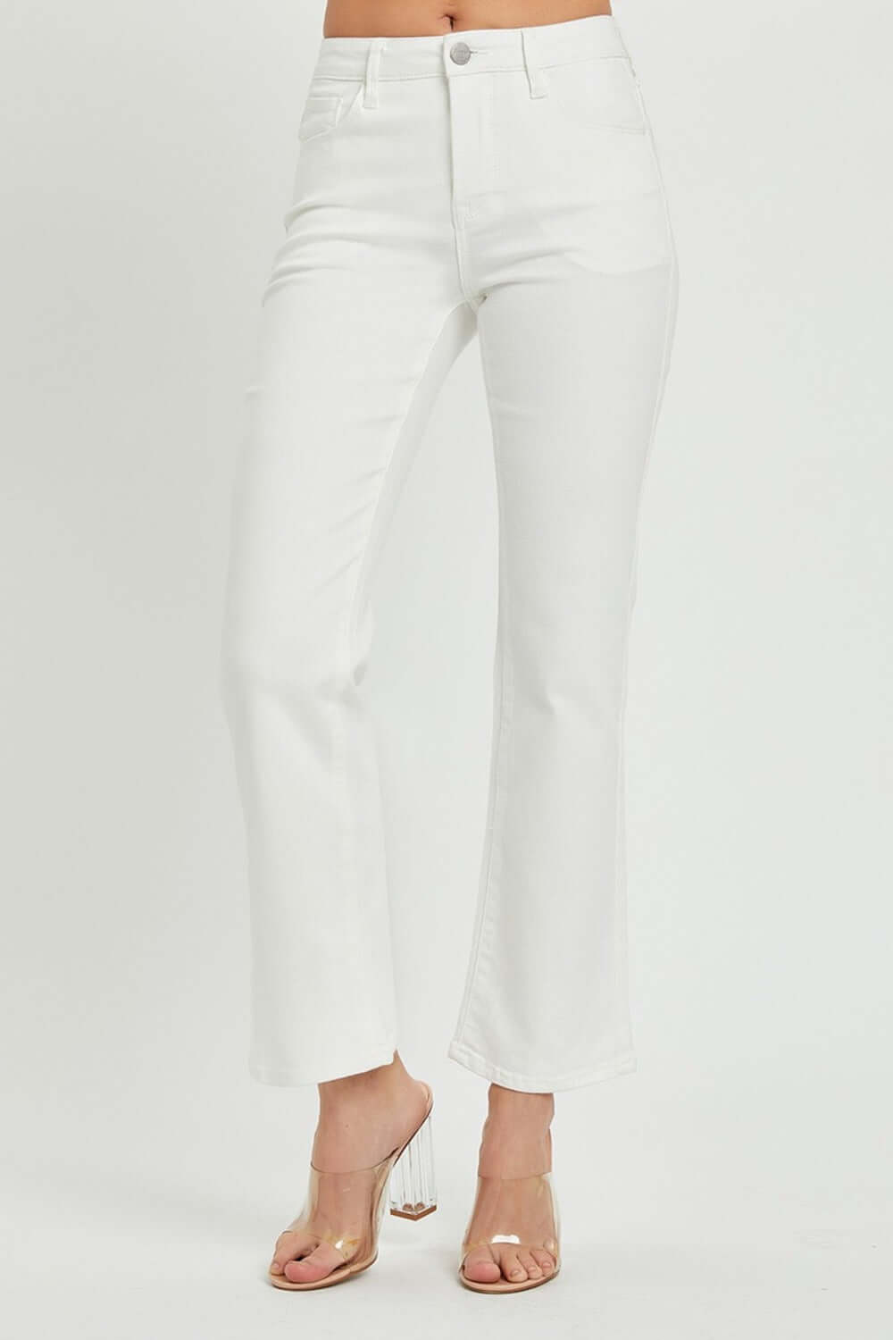 Risen full size mid rise white bootcut jeans with pockets, slightly stretchy denim, classic style for a fashionable look