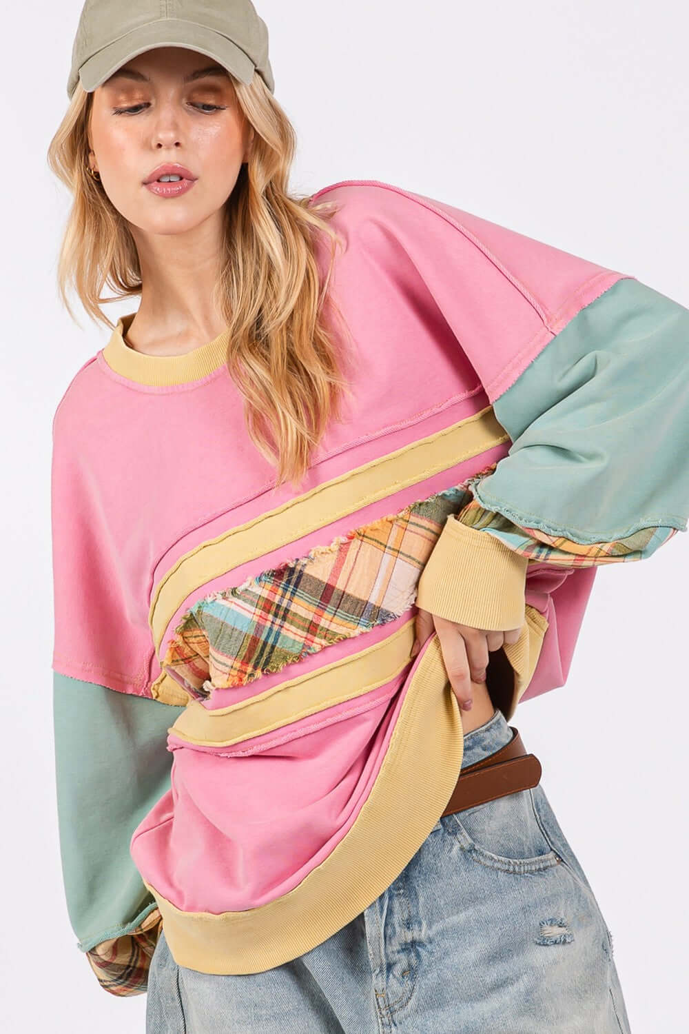 Mineral Wash Raw Edge Color Block Sweatshirt with plaid print contrast on front, long sleeves, pink and teal color blocks, trendy casual wear