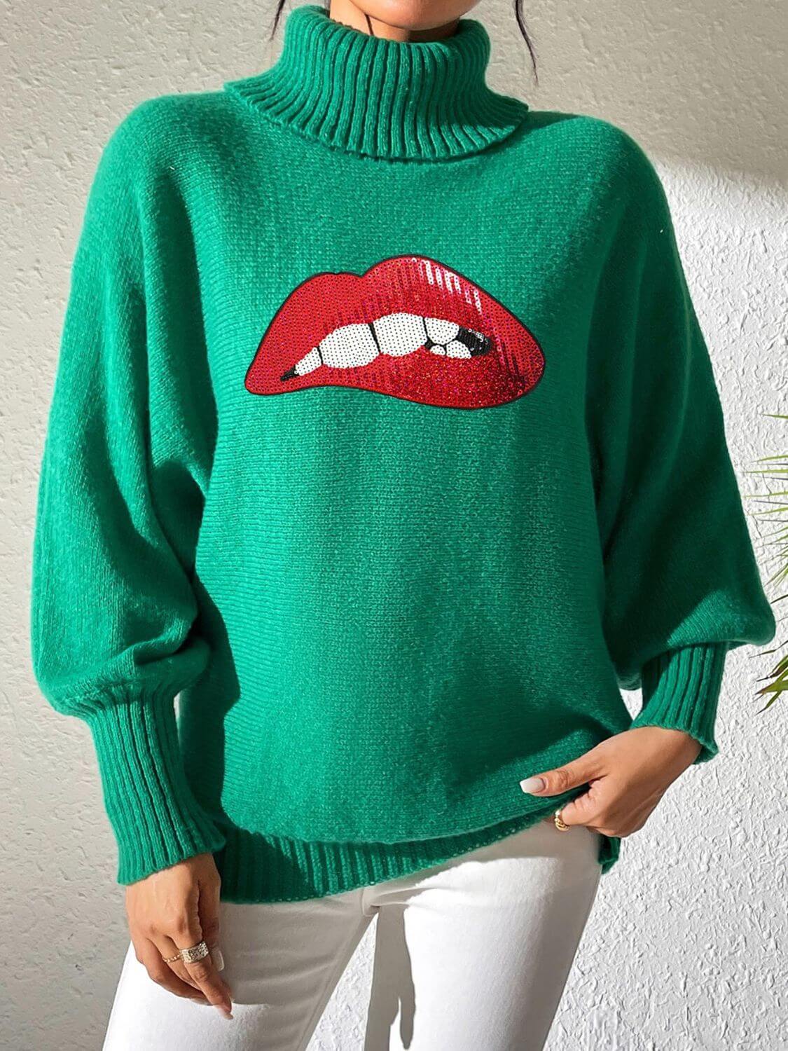 Bella Road Lip Turtleneck Sweater in green featuring bold red lip design, perfect for quirky and stylish fashion statements.