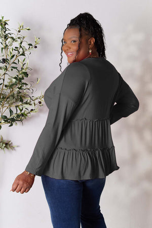 DOUBLE TAKE Half Button Long Sleeve Ruffle Hem Blouse at Bella Road