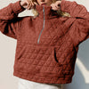 Double Take Half Zip Long Sleeve Quilted Sweatshirt with Pocket - Caramel