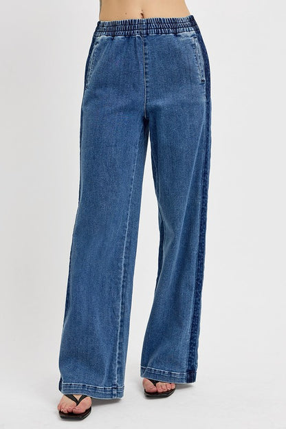 Stylish RISEN plus size wide leg jeans with elastic waistband, perfect for comfortable, casual outfits.