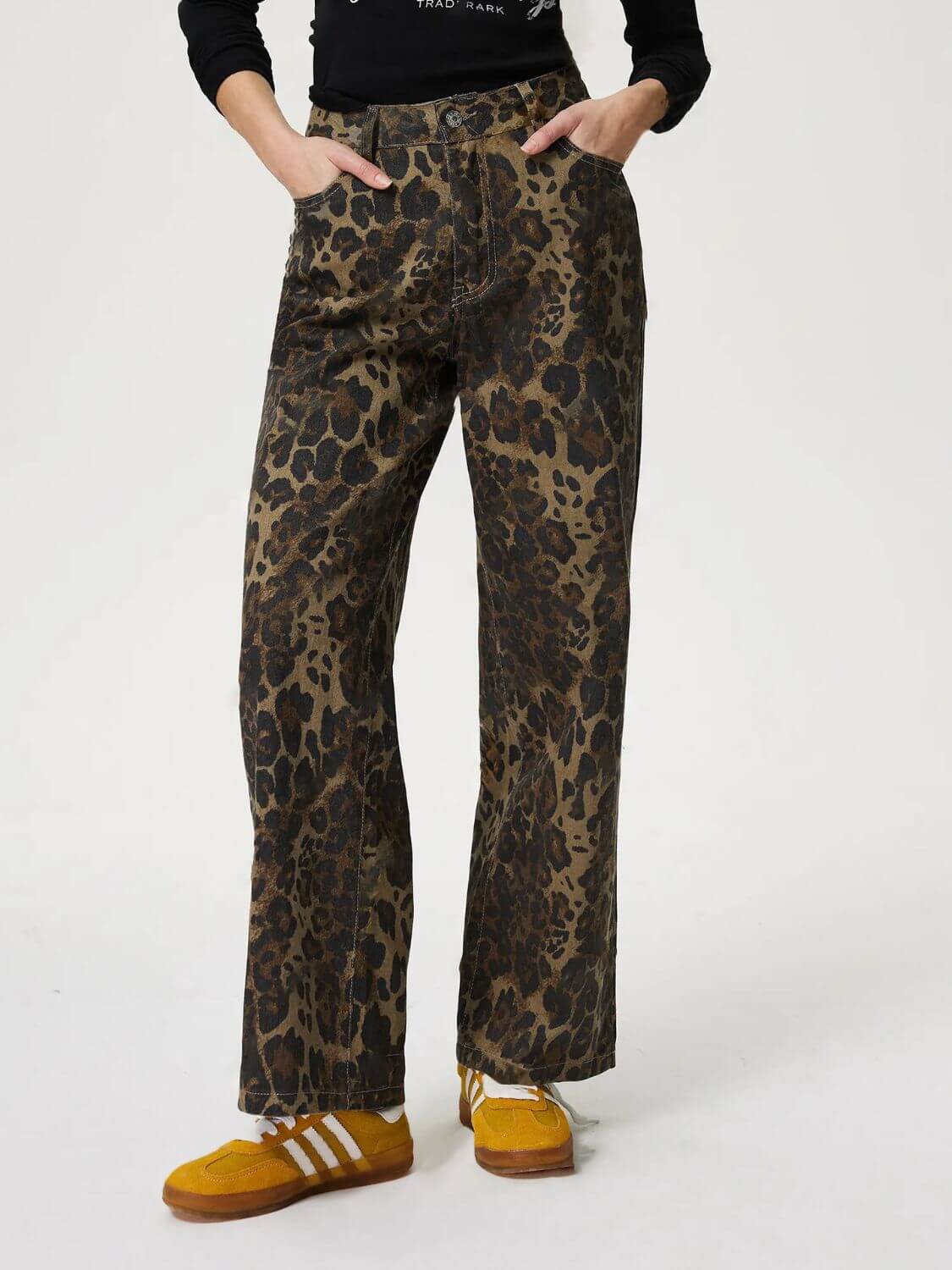 Bella Road Leopard Straight Jeans with Pockets, stylish denim design perfect for fashion-forward outfits.