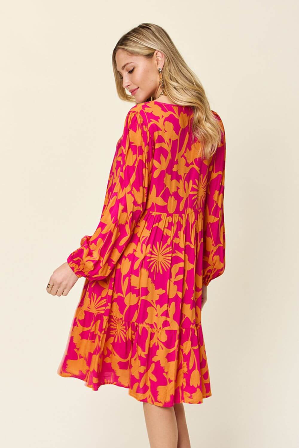 DOUBLE TAKE Full Size Printed Ruffle Hem Long Sleeve Dress at Bella Road