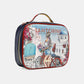 Nicole Lee USA printed handbag featuring Santorini design with a woman on a bicycle, made from glossy patent leather.